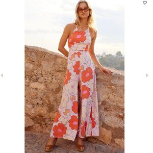 Mister Zimi Women Jumpsuit 6 Inka Vintage Floral Pink Halter‎ Neck Boho Hippie